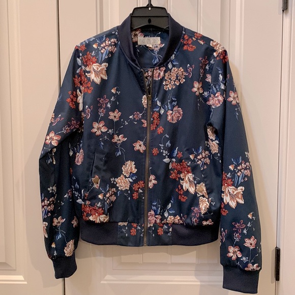 PINK ROSE Blue Floral Bomber Jacket M - Picture 1 of 9